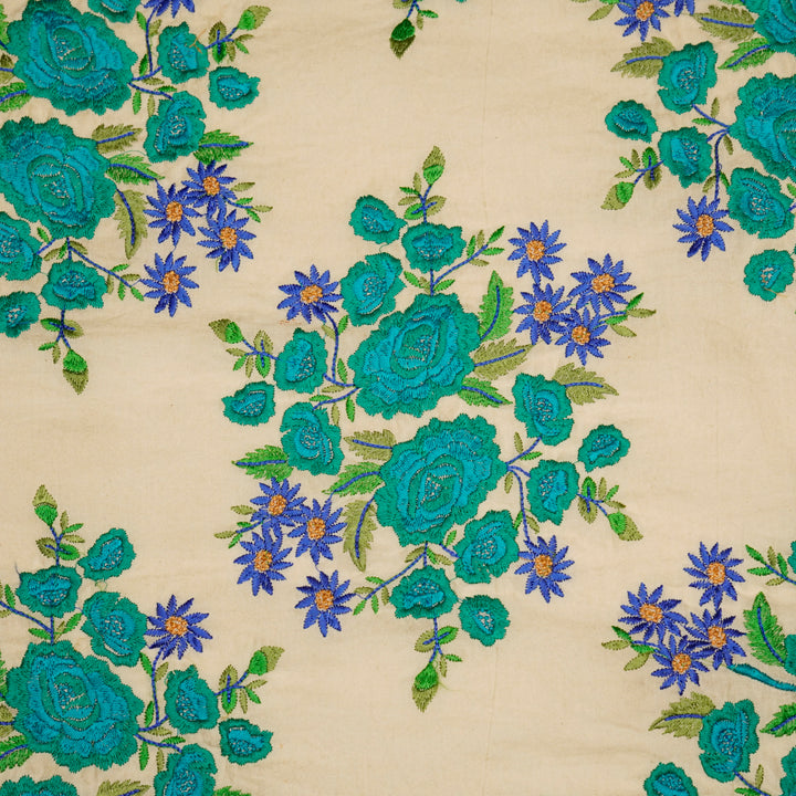 Vasanti Buta on Cream Teal Semi Chanderi Embroidered Fabric