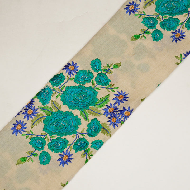 Vasanti Buta on Cream Teal Semi Chanderi Embroidered Fabric