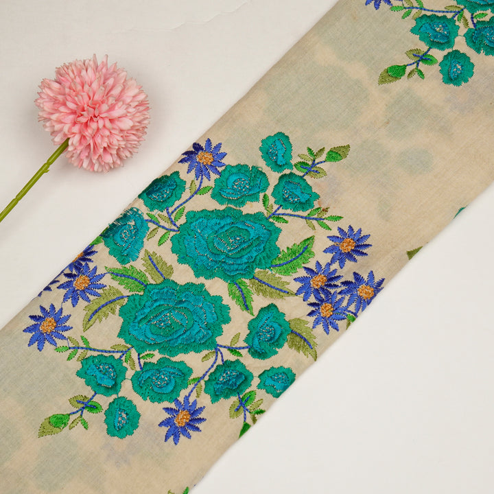 Vasanti Buta on Cream Teal Semi Chanderi Embroidered Fabric