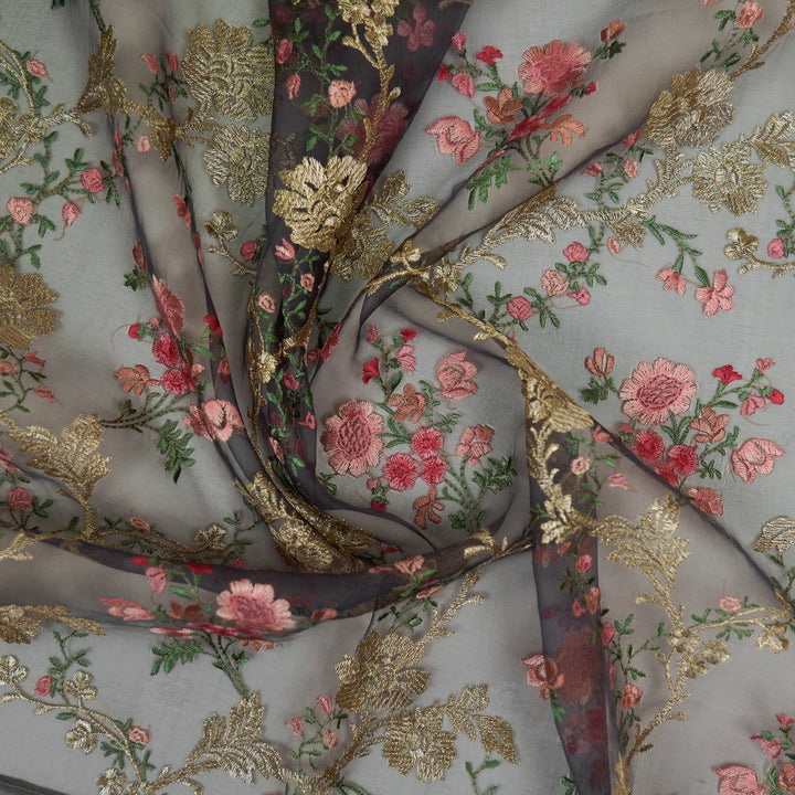 Sarangi Jaal on Charcoal Silk Organza Embroidered Fabric