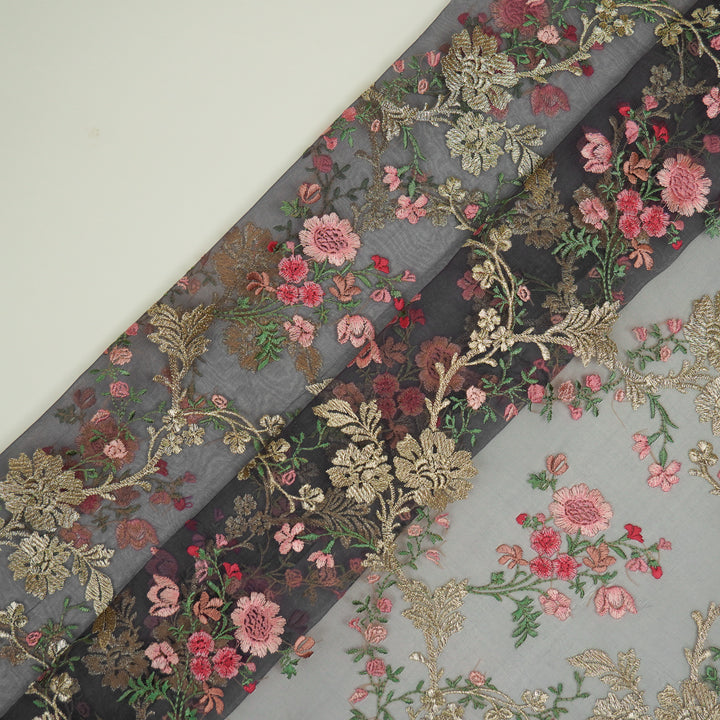 Sarangi Jaal on Charcoal Silk Organza Embroidered Fabric