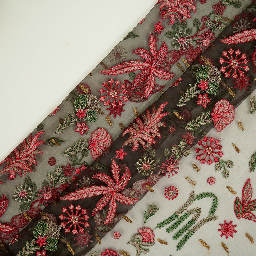Saman Jaal on Charcoal Silk Organza Embroidered Fabric