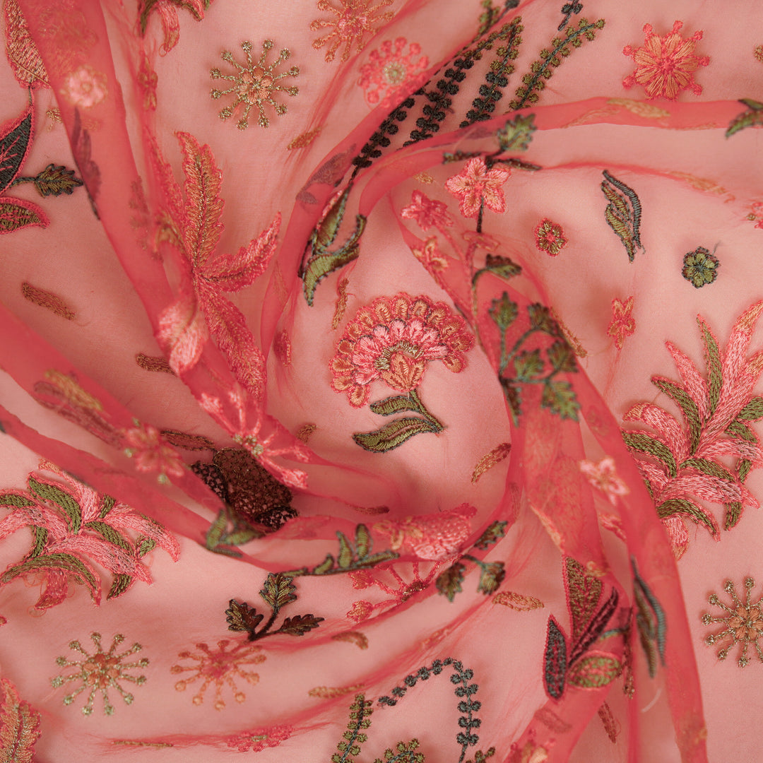 Saman Jaal on Tomato Silk Organza Embroidered Fabric