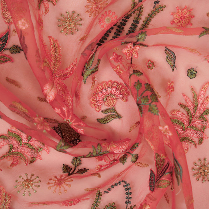 Saman Jaal on Tomato Silk Organza Embroidered Fabric