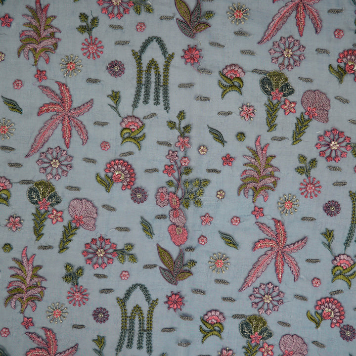 Saman Jaal on Navy Blue Silk Organza Embroidered Fabric
