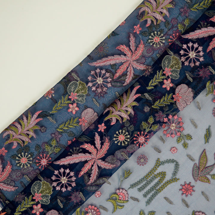 Saman Jaal on Navy Blue Silk Organza Embroidered Fabric
