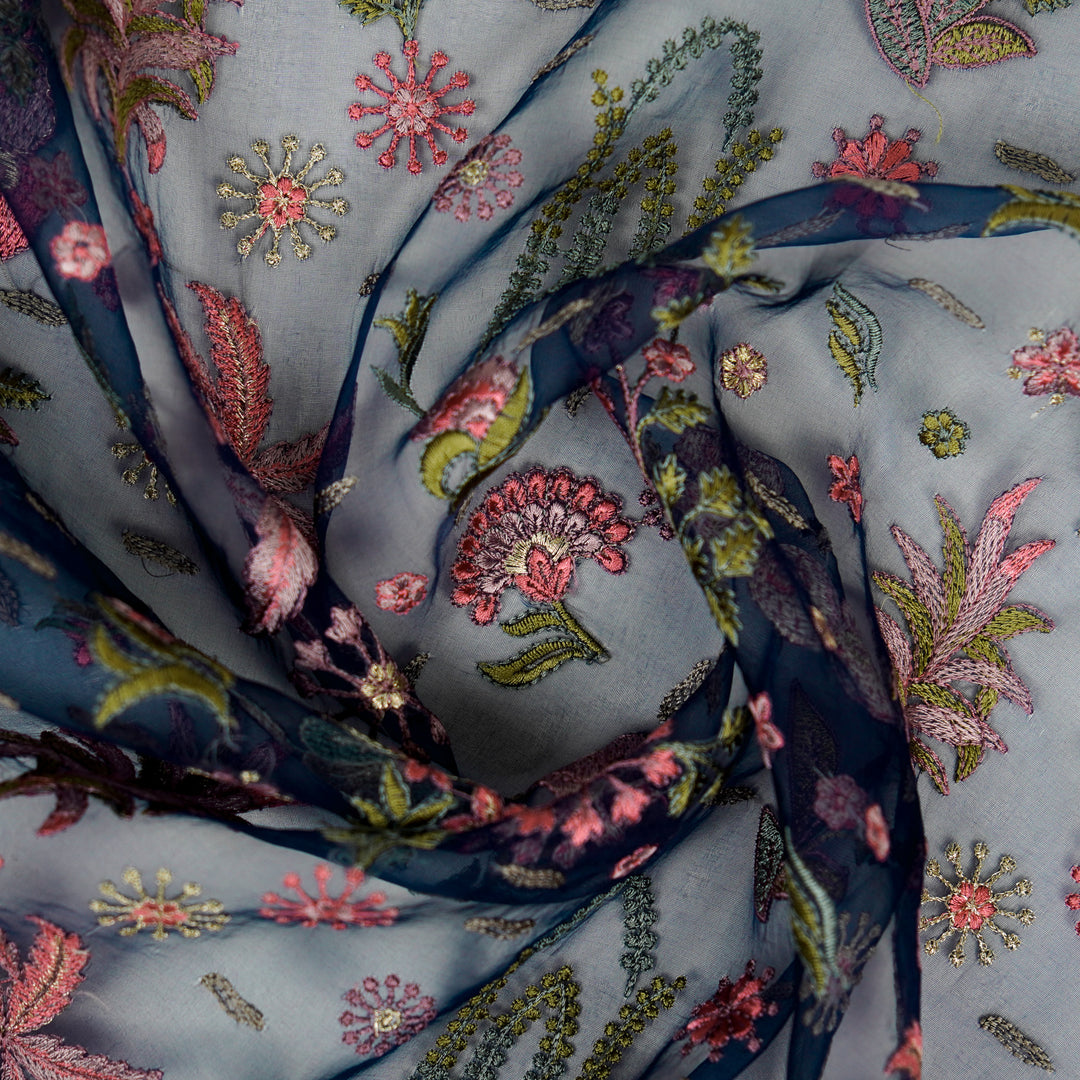 Saman Jaal on Navy Blue Silk Organza Embroidered Fabric