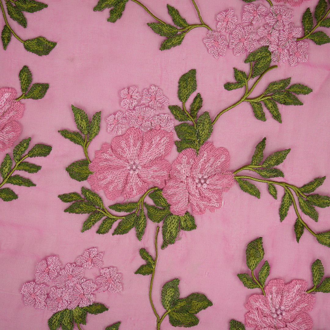 Afsoon Floral Jaal on Magenta Silk Organza Embroidered Fabric