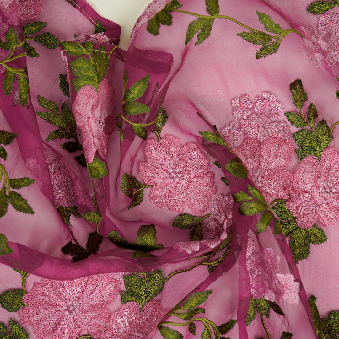 Afsoon Floral Jaal on Magenta Silk Organza Embroidered Fabric
