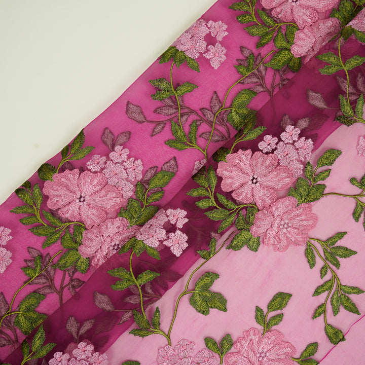 Afsoon Floral Jaal on Magenta Silk Organza Embroidered Fabric