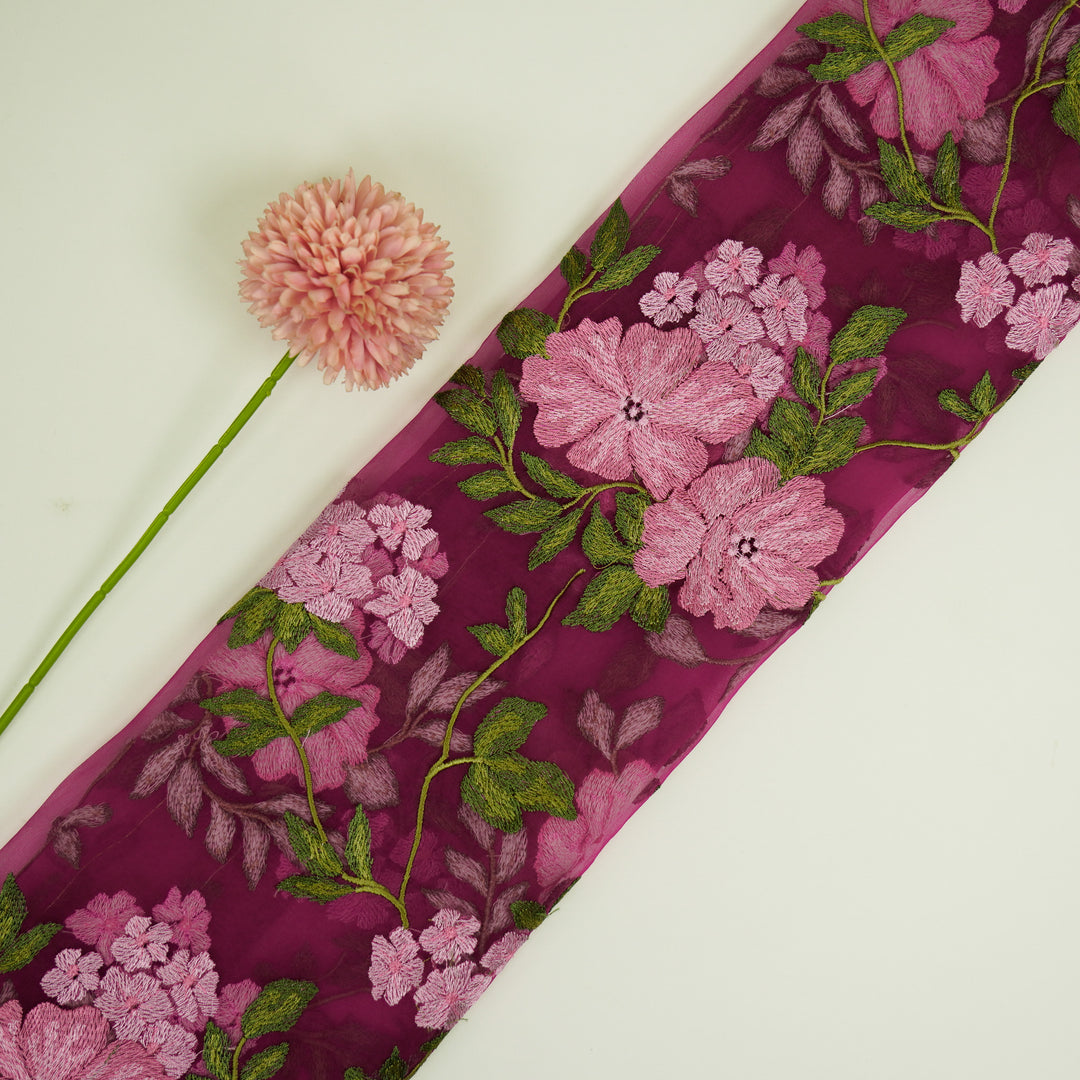 Afsoon Floral Jaal on Magenta Silk Organza Embroidered Fabric