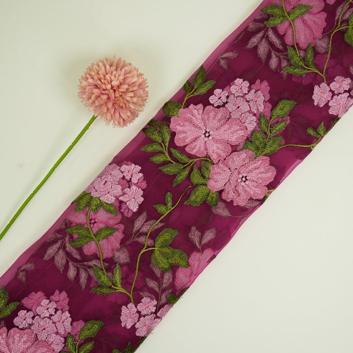 Afsoon Floral Jaal on Magenta Silk Organza Embroidered Fabric