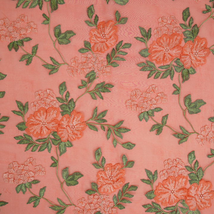 Afsoon Floral Jaal on Red Silk Organza Embroidered Fabric