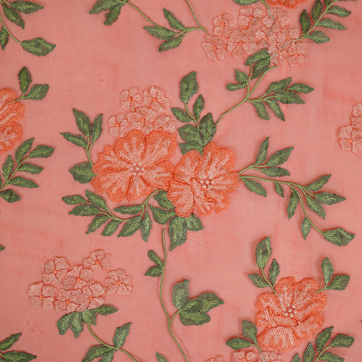 Afsoon Floral Jaal on Red Silk Organza Embroidered Fabric