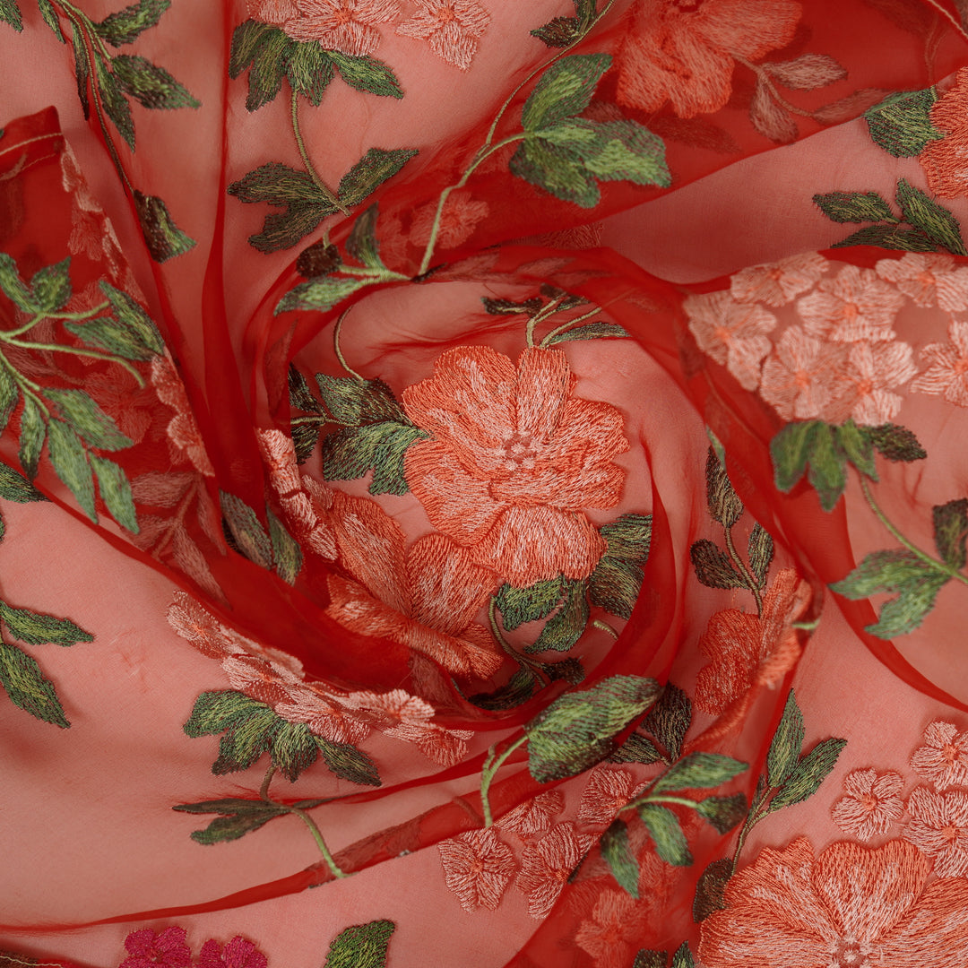 Afsoon Floral Jaal on Red Silk Organza Embroidered Fabric