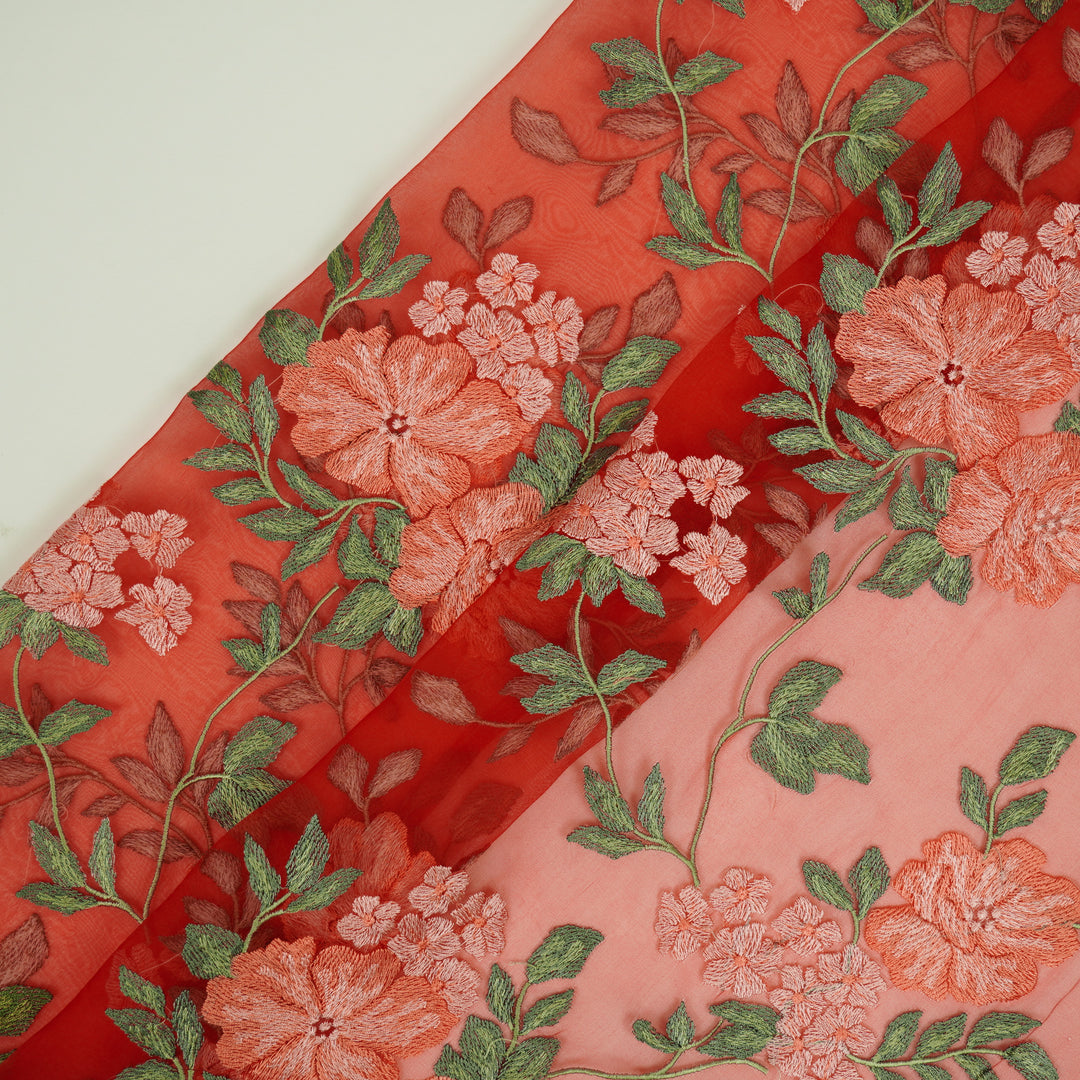 Afsoon Floral Jaal on Red Silk Organza Embroidered Fabric
