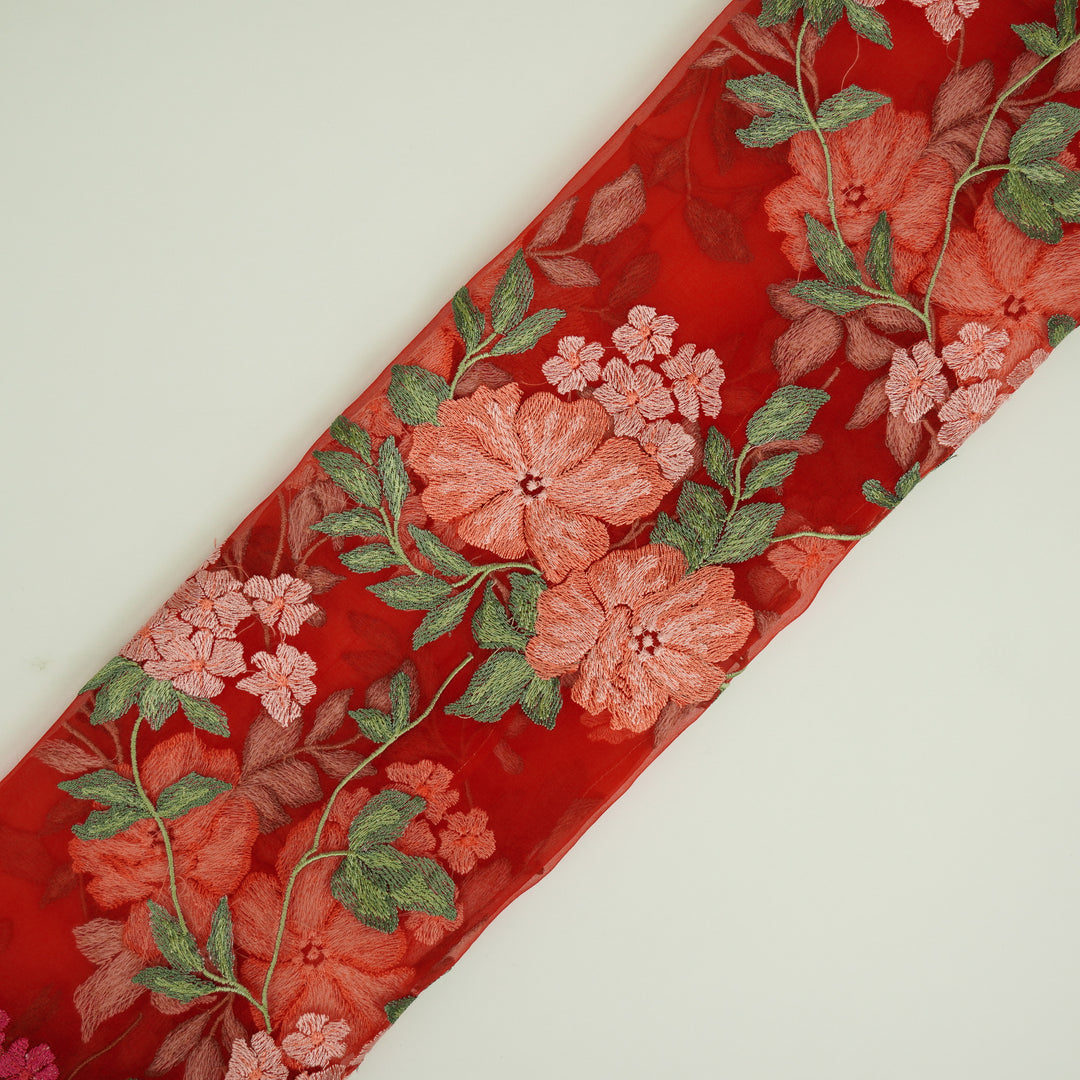 Afsoon Floral Jaal on Red Silk Organza Embroidered Fabric