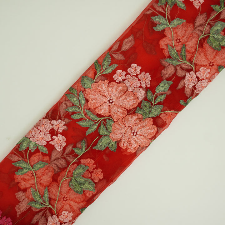 Afsoon Floral Jaal on Red Silk Organza Embroidered Fabric