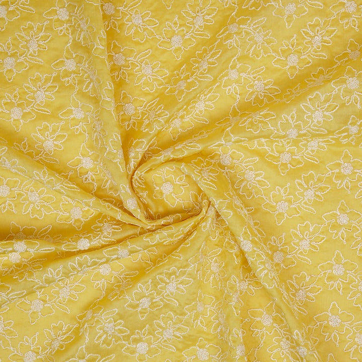 Vaanya Jaal on Lemon Silk Chanderi Embroidered Fabric