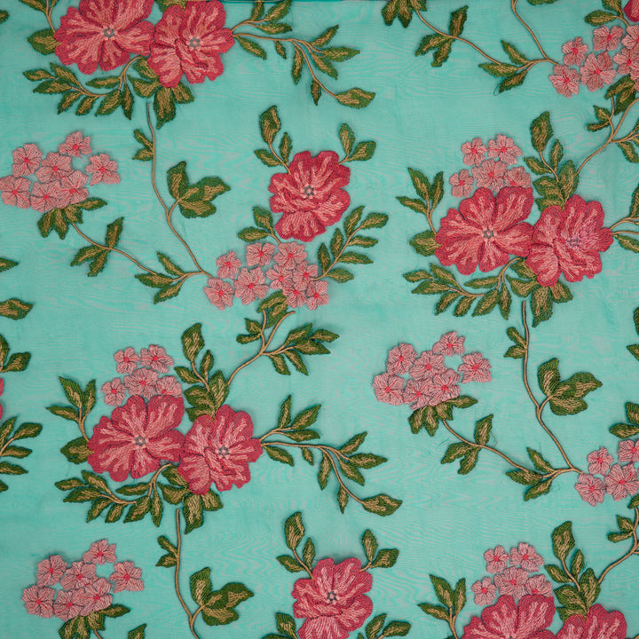 Afsoon Floral Jaal on Teal Blue Silk Organza Embroidered Fabric