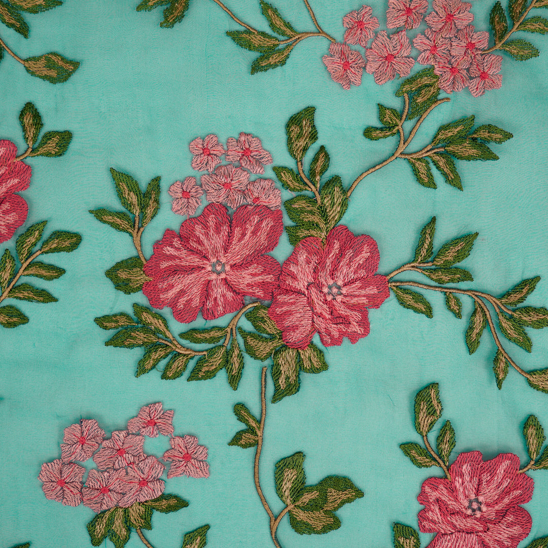 Afsoon Floral Jaal on Teal Blue Silk Organza Embroidered Fabric