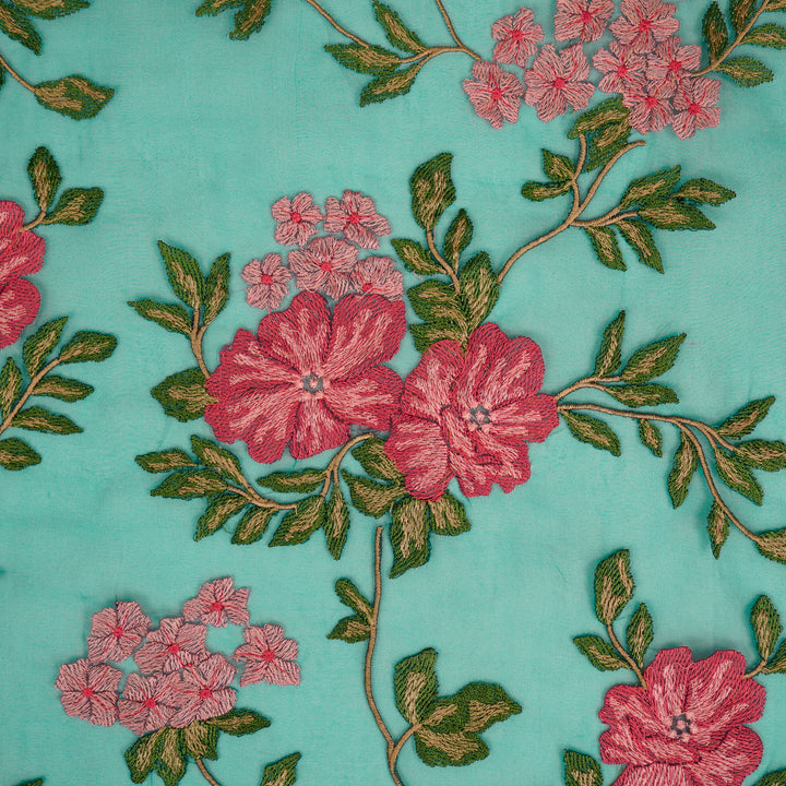 Afsoon Floral Jaal on Teal Blue Silk Organza Embroidered Fabric