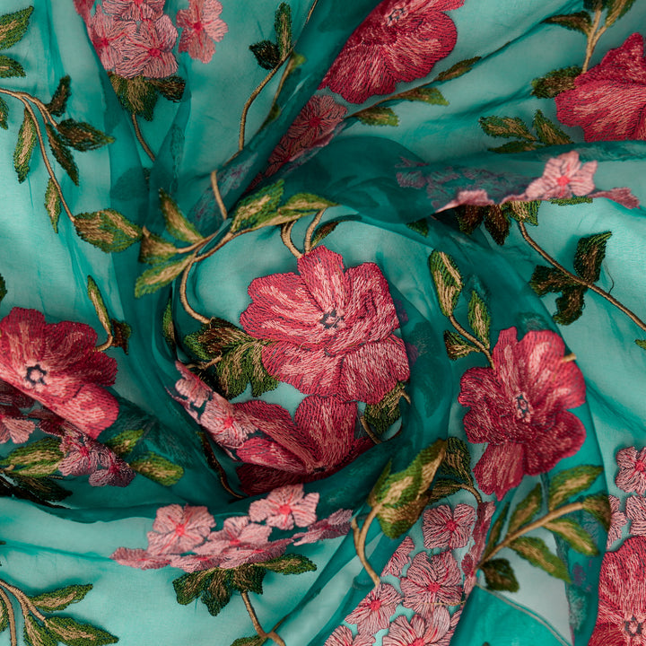 Afsoon Floral Jaal on Teal Blue Silk Organza Embroidered Fabric
