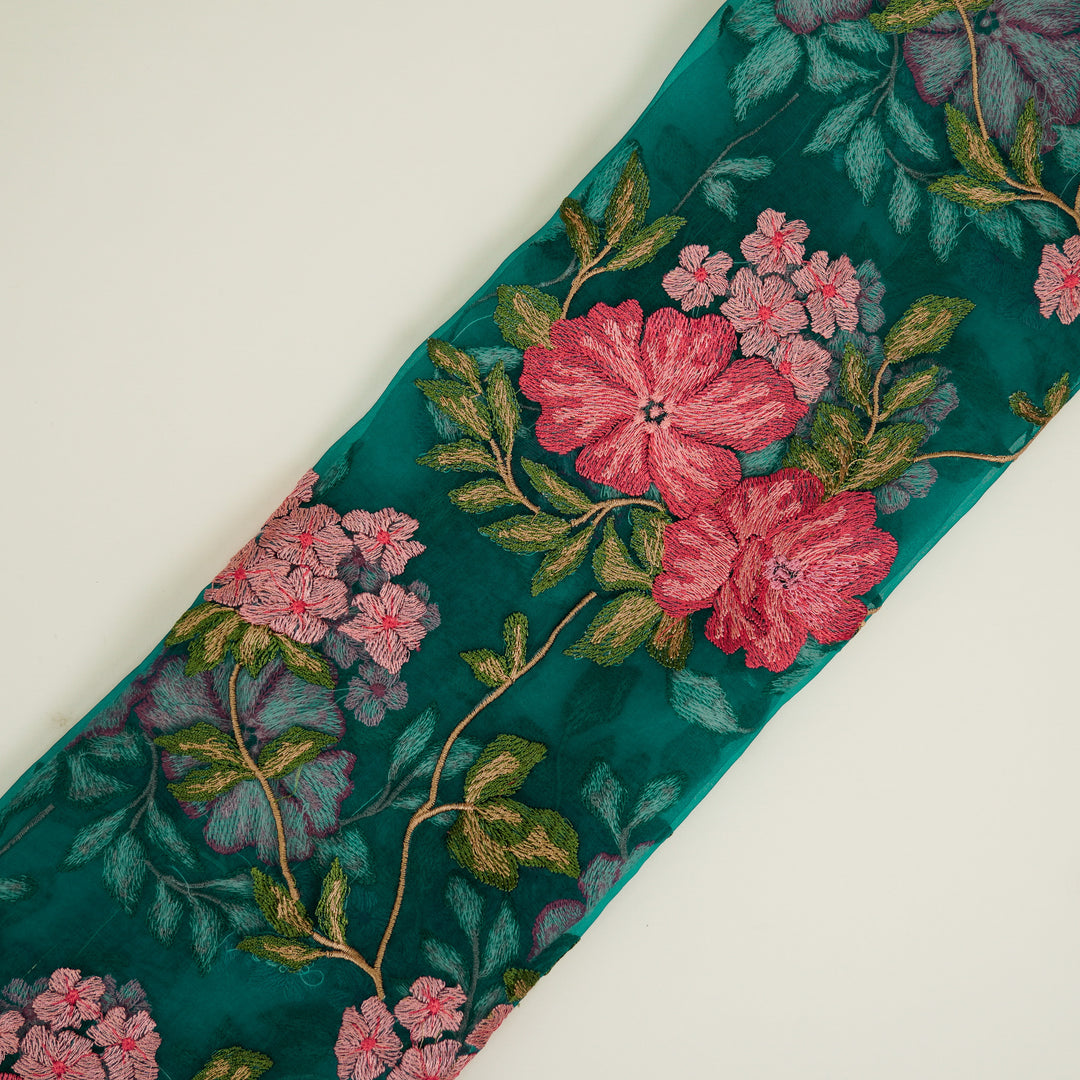 Afsoon Floral Jaal on Teal Blue Silk Organza Embroidered Fabric