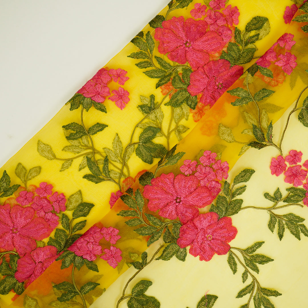 Afsoon Floral Jaal on Gold Silk Organza Embroidered Fabric