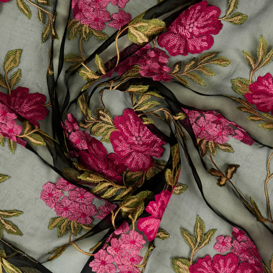 Afsoon Floral Jaal on Black Silk Organza Embroidered Fabric