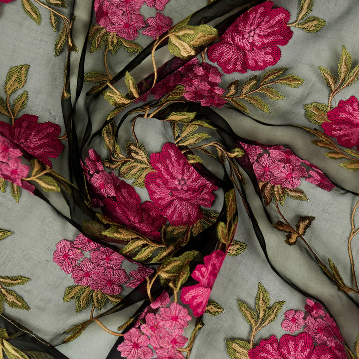 Afsoon Floral Jaal on Black Silk Organza Embroidered Fabric