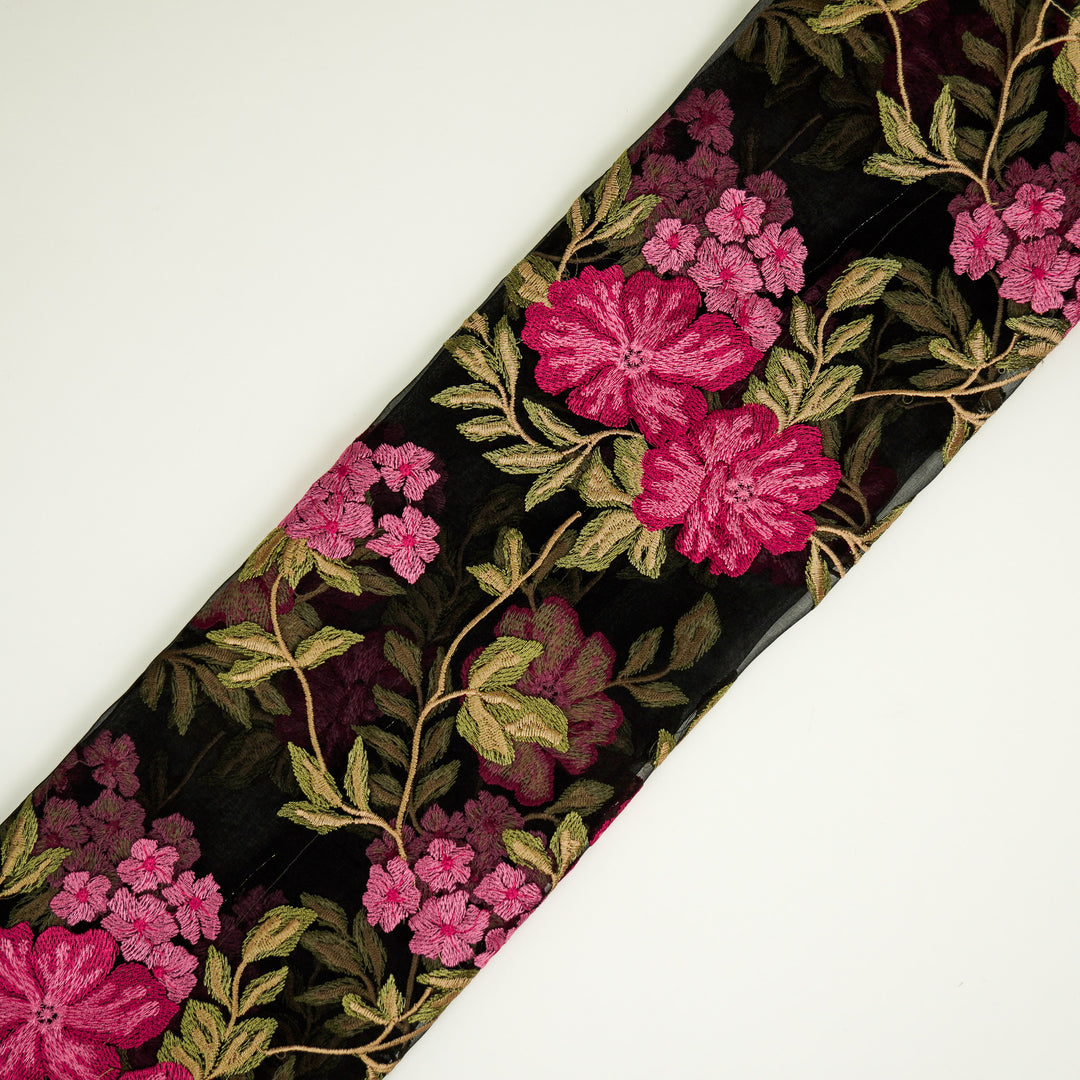 Afsoon Floral Jaal on Black Silk Organza Embroidered Fabric