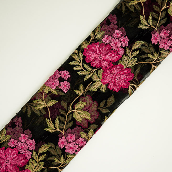 Afsoon Floral Jaal on Black Silk Organza Embroidered Fabric