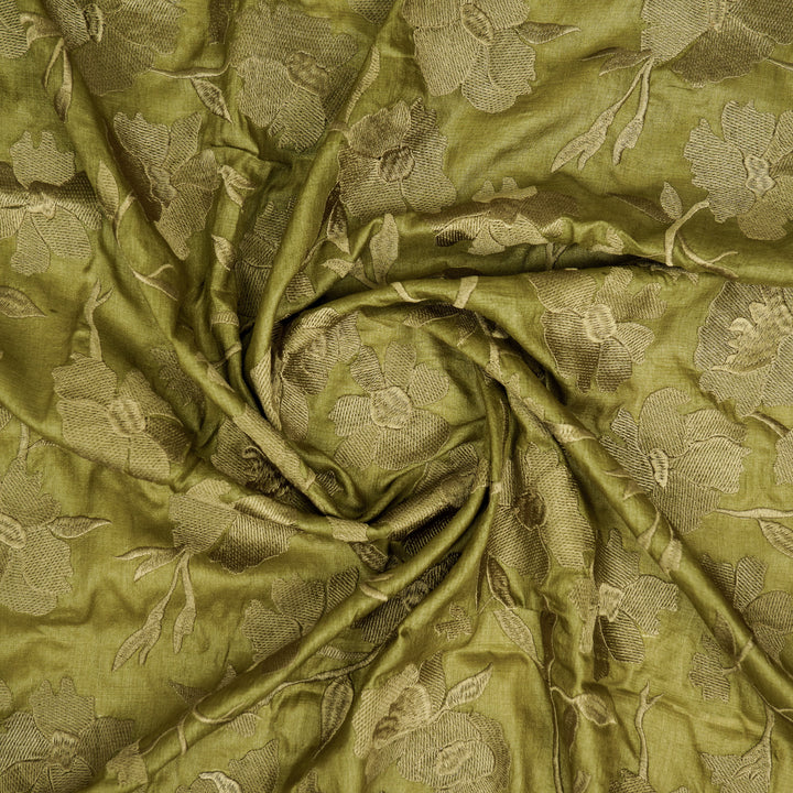 Atish Jaal Olive Tussar Silk  Embroidered Fabric