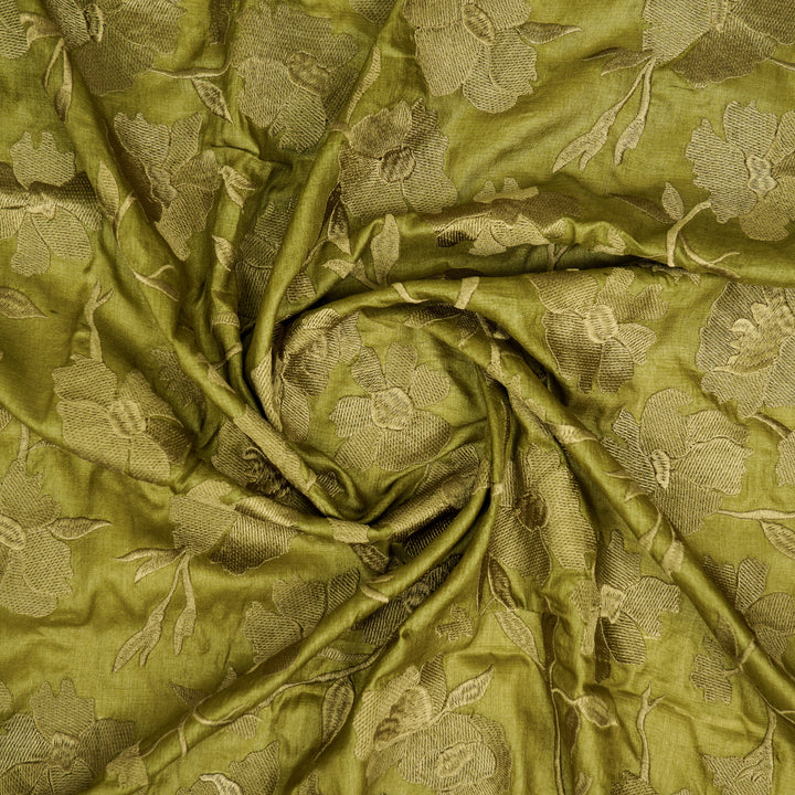 Atish Jaal Olive Tussar Silk  Embroidered Fabric
