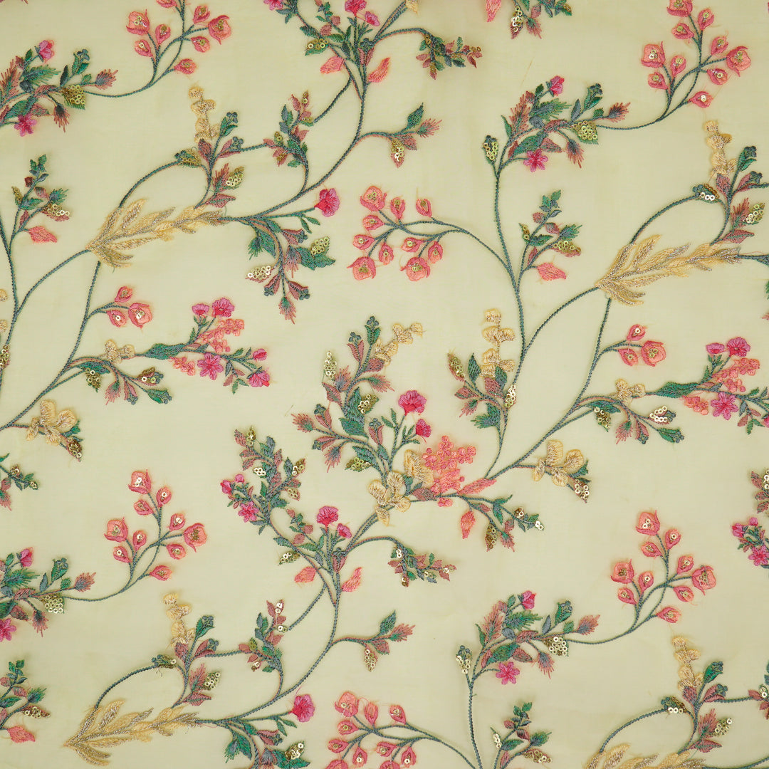 Nazm Jaal on Lemon Silk Organza Embroidered Fabric