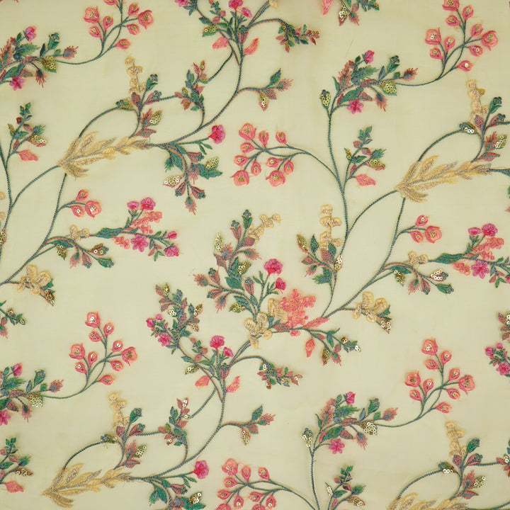 Nazm Jaal on Lemon Silk Organza Embroidered Fabric