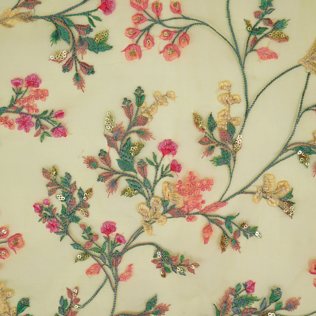 Nazm Jaal on Lemon Silk Organza Embroidered Fabric