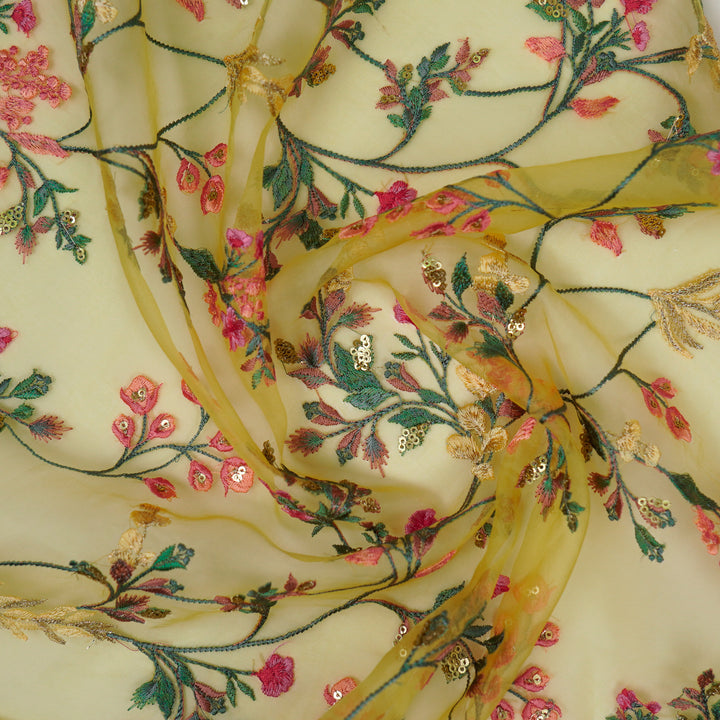 Nazm Jaal on Lemon Silk Organza Embroidered Fabric