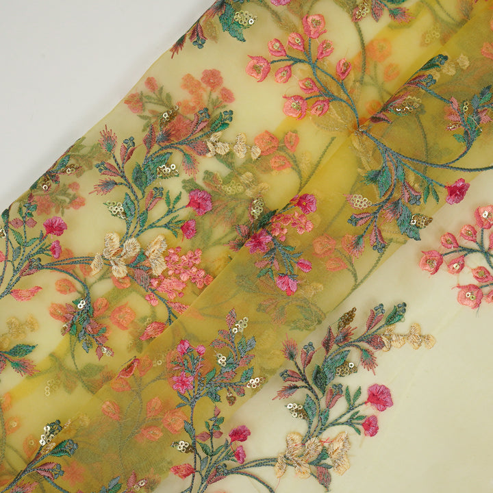 Nazm Jaal on Lemon Silk Organza Embroidered Fabric