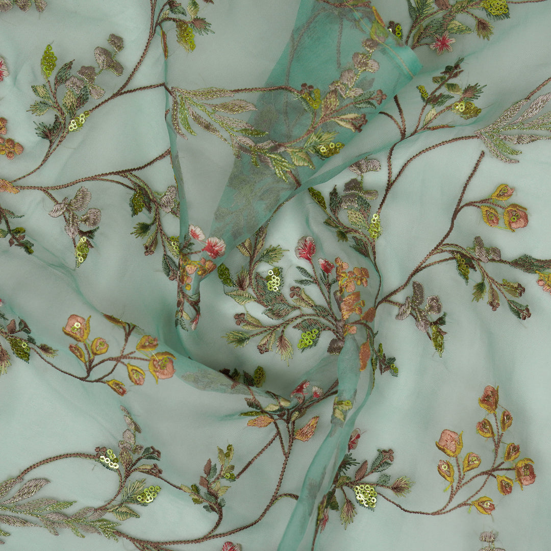 Nazm Jaal on Aqua Silk Organza Embroidered Fabric