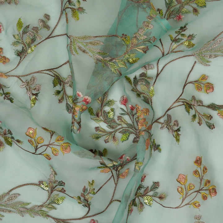 Nazm Jaal on Aqua Silk Organza Embroidered Fabric