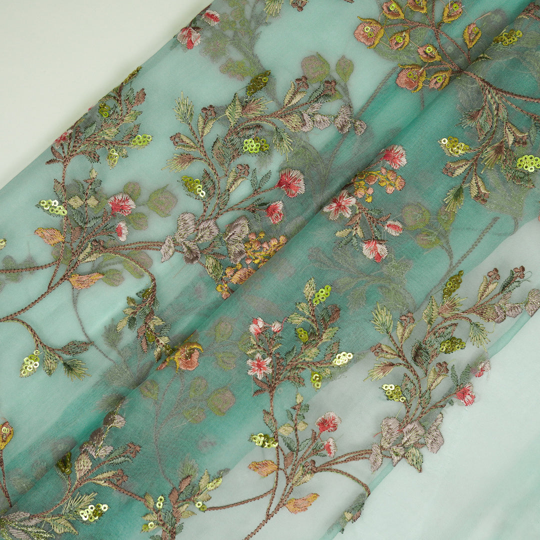 Nazm Jaal on Aqua Silk Organza Embroidered Fabric
