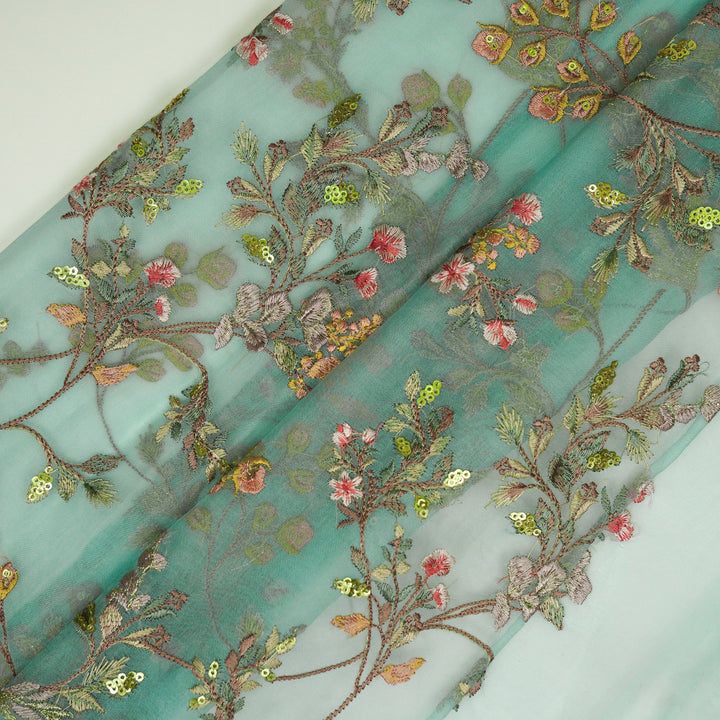 Nazm Jaal on Aqua Silk Organza Embroidered Fabric