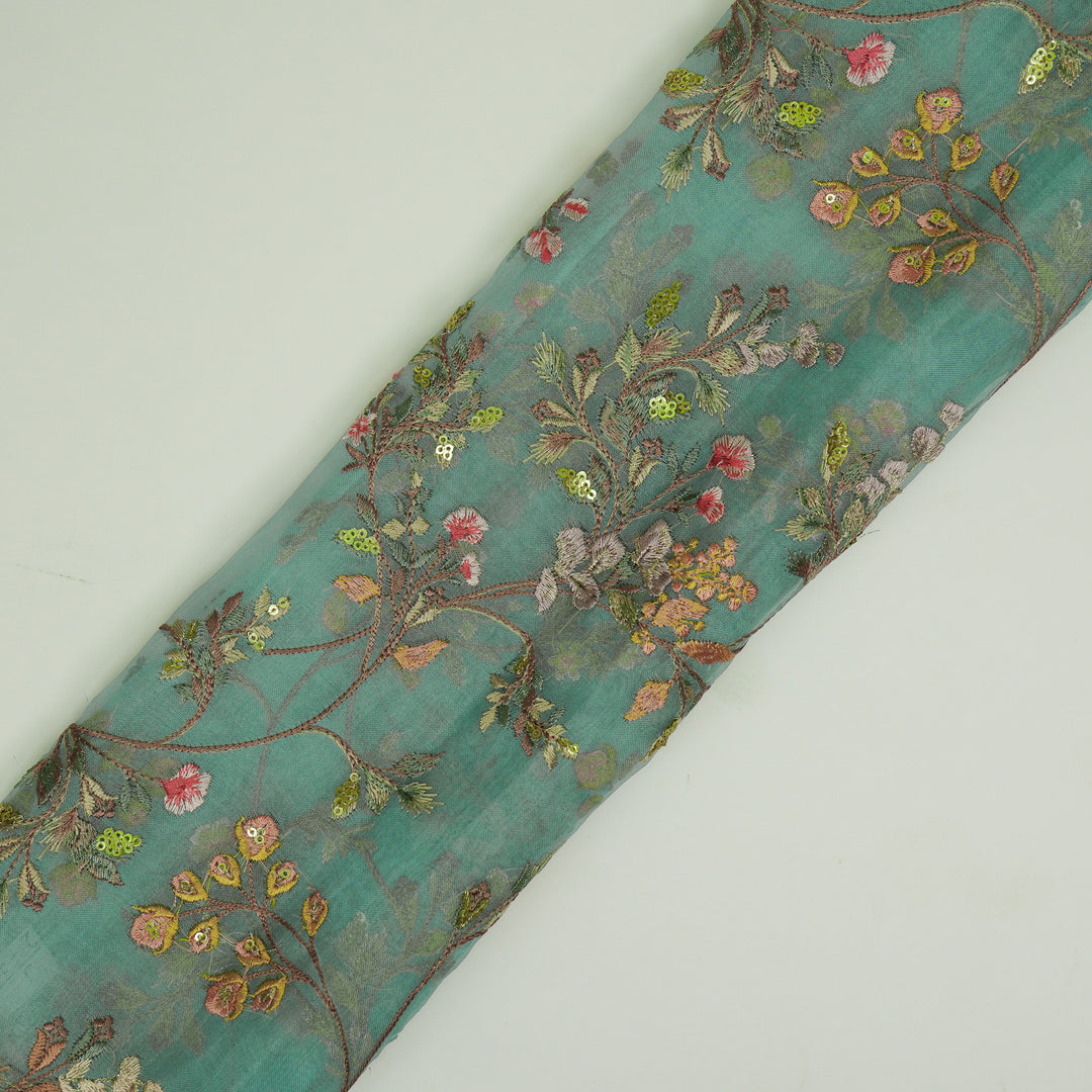 Nazm Jaal on Aqua Silk Organza Embroidered Fabric