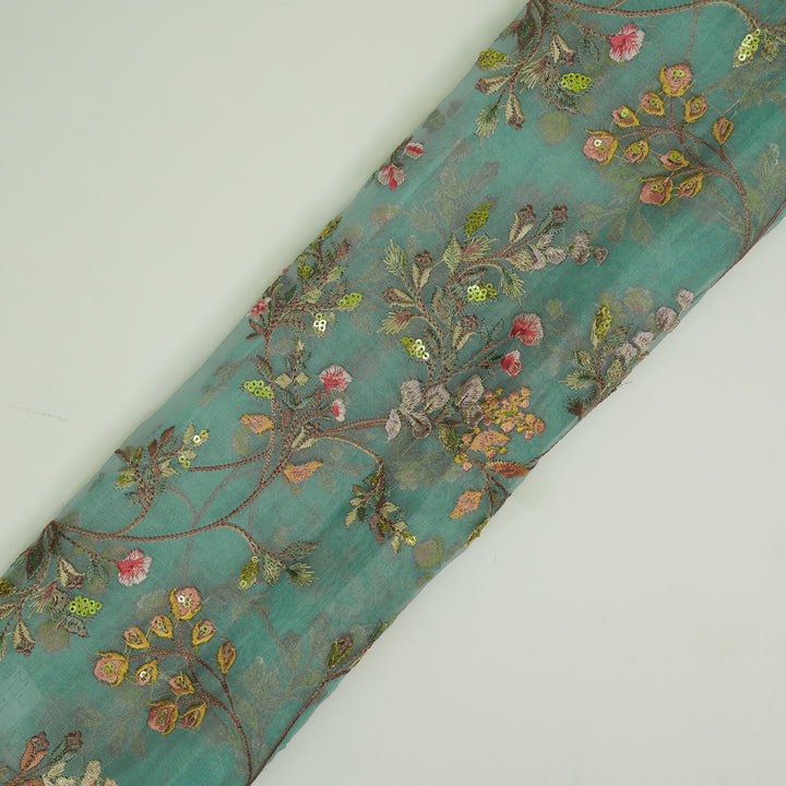 Nazm Jaal on Aqua Silk Organza Embroidered Fabric