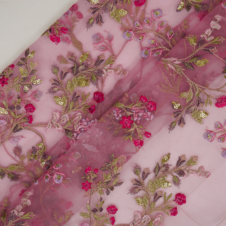 Nazm Jaal on Pink Silk Organza Embroidered Fabric