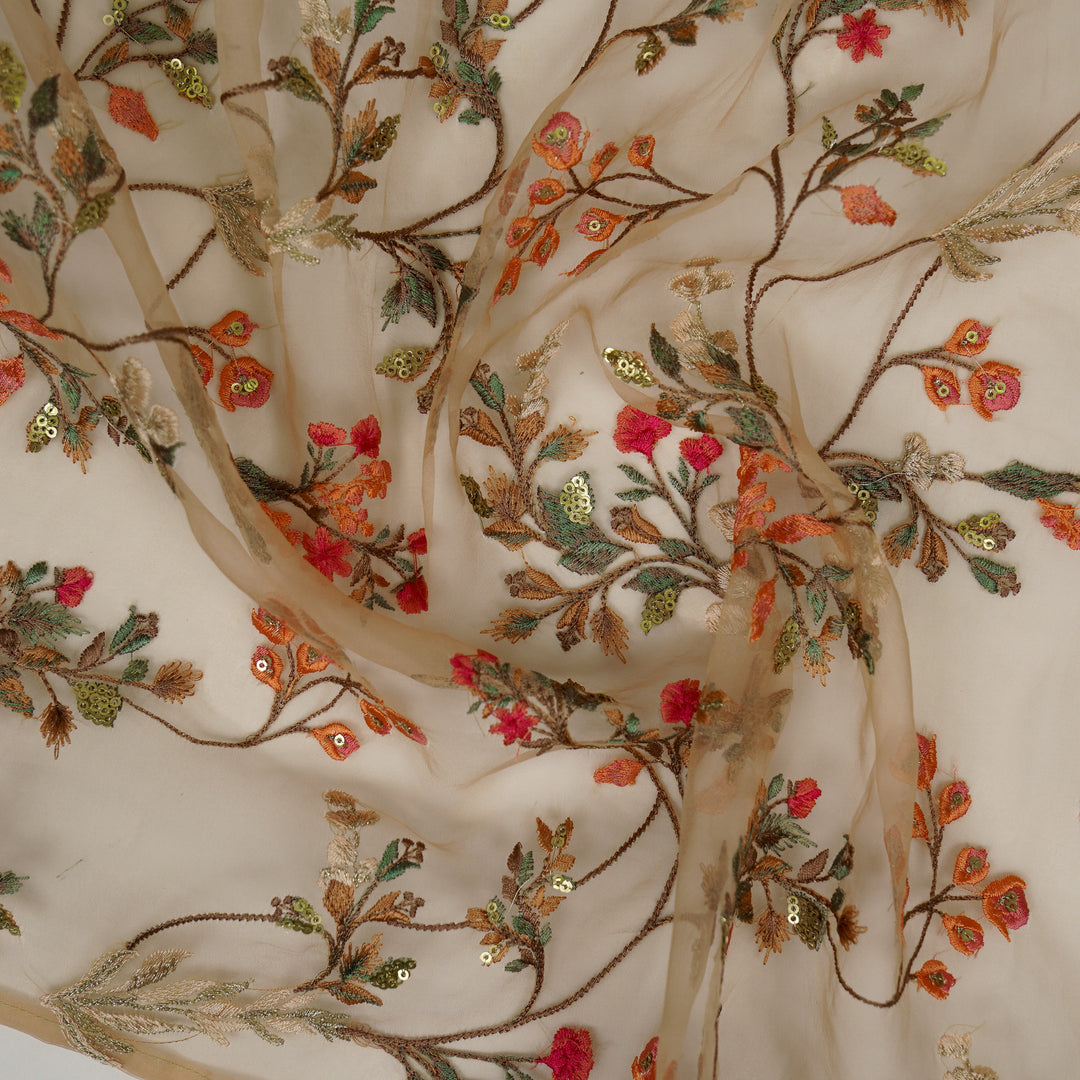 Nazm Jaal on Light Peach Silk Organza Embroidered Fabric