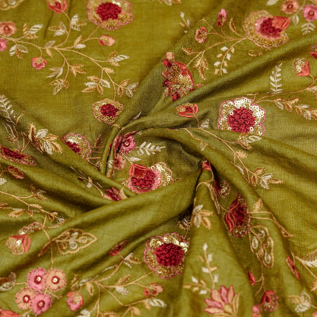 Saahili Jaal on Olive Tussar Silk Embroidered Fabric