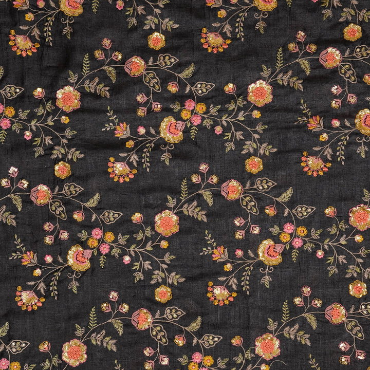 Saahili Jaal on Black Tussar Silk Embroidered Fabric